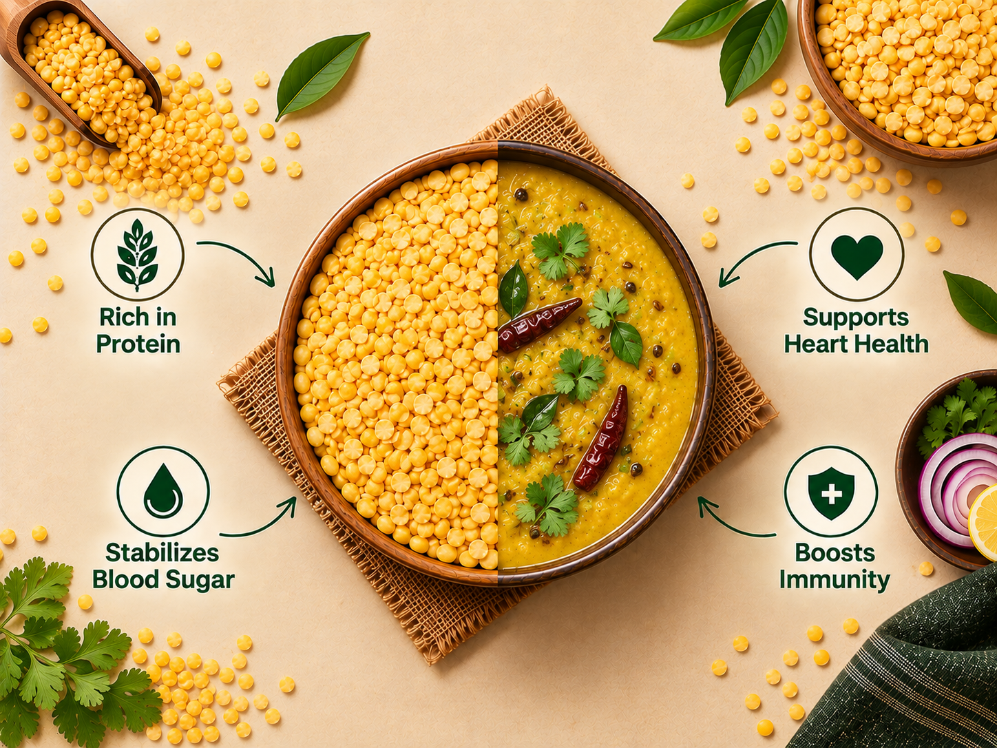 Raw yellow chana dal alongside cooked chana dal curry garnished with fresh coriander, curry leaves and red chillies.