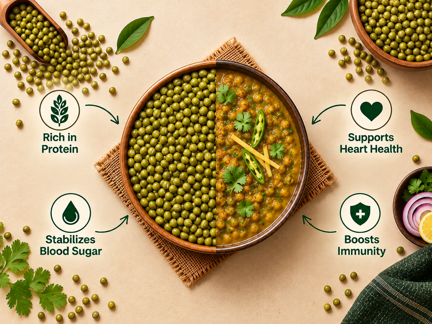 Raw whole green moong beans alongside cooked moong curry garnished with fresh coriander, green chilli and ginger.