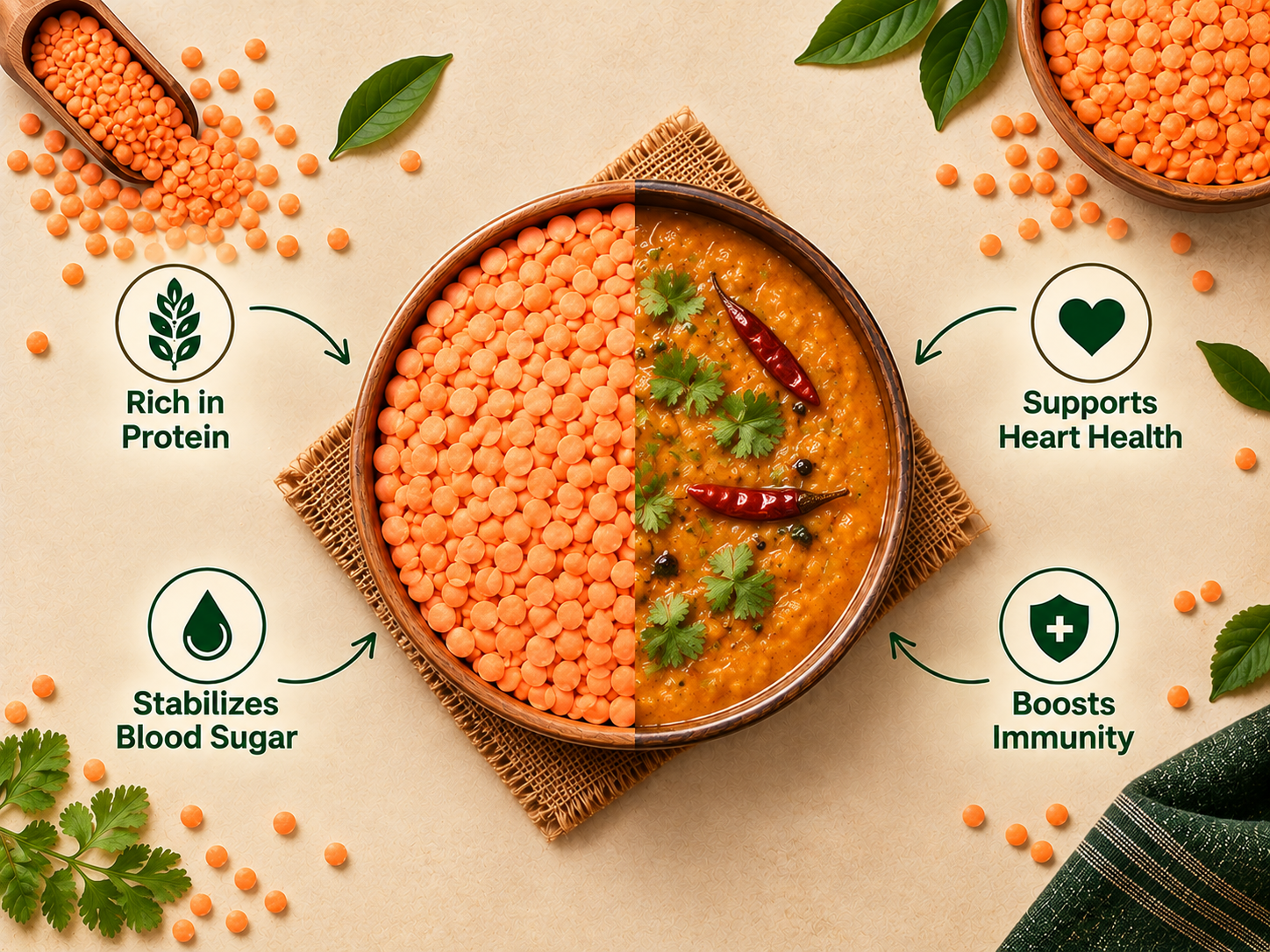 Raw red masoor dal alongside cooked masoor dal curry garnished with fresh coriander and red chillies, illustrating its nutritional value.