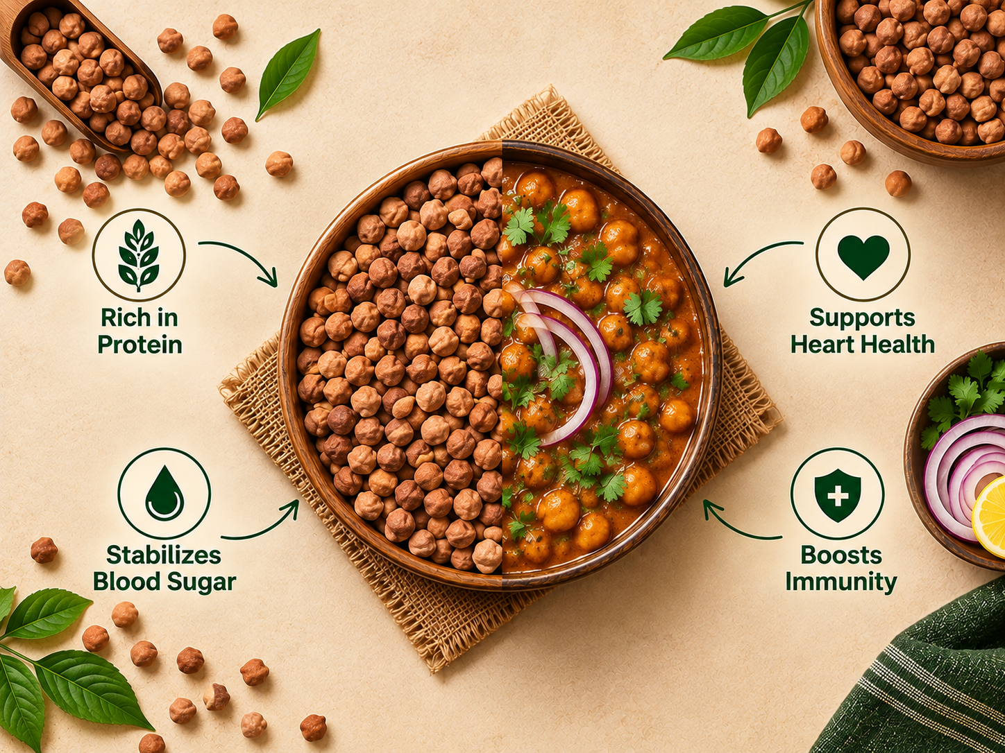 Raw desi chana alongside cooked brown chickpea curry garnished with fresh coriander and onion, illustrating protein content and nutritional benefits.