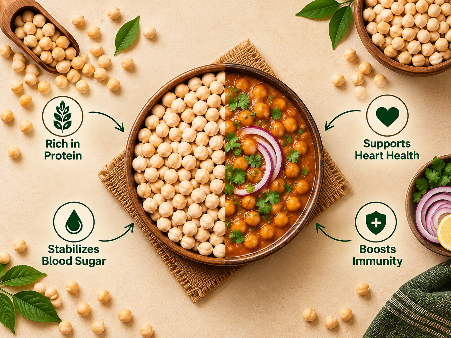 Raw Kabuli chana alongside cooked chickpea curry garnished with fresh coriander and onion, illustrating protein content and nutritional benefits.