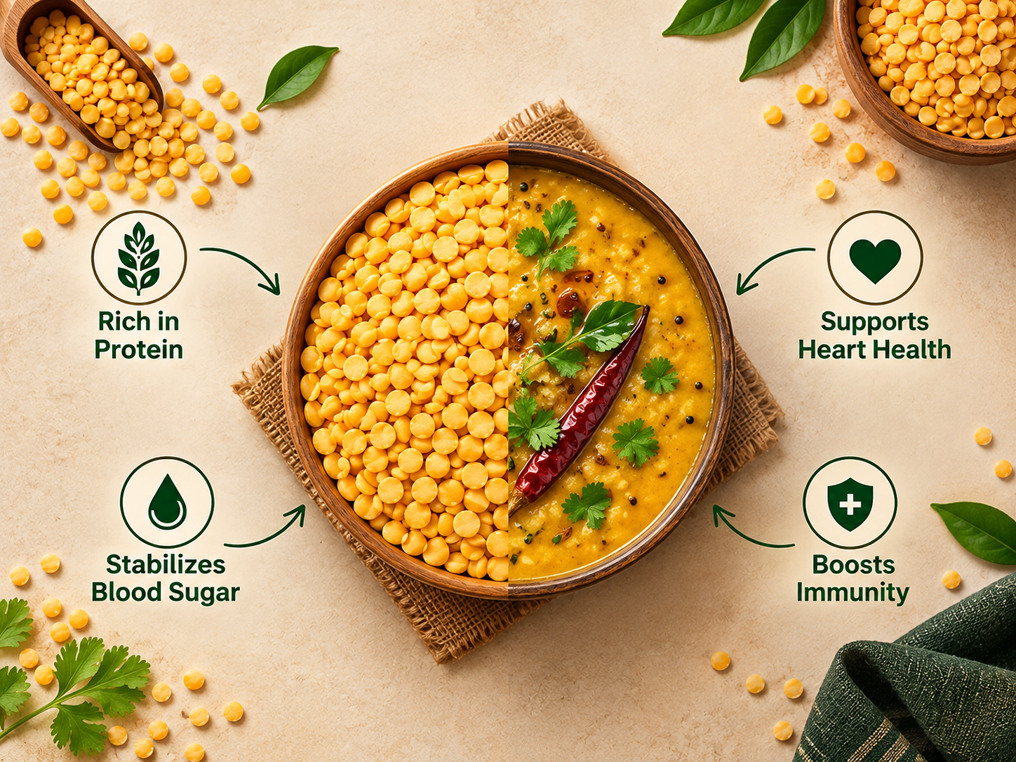 Yellow toor dal with cooked dal curry garnished with coriander and red chilli, highlighting protein and nutritional benefits.