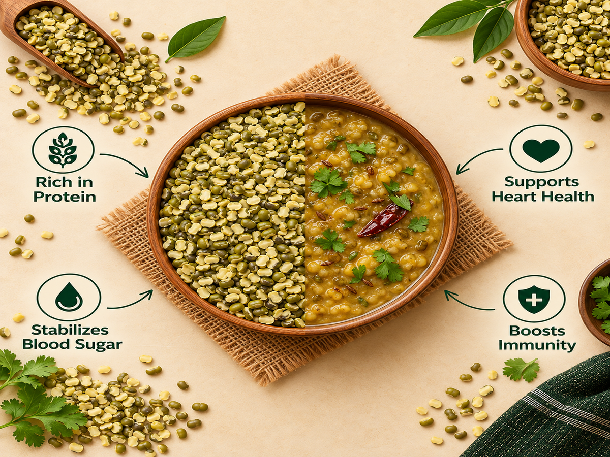 Raw split green moong dal alongside cooked moong dal curry garnished with fresh coriander and red chilli.
